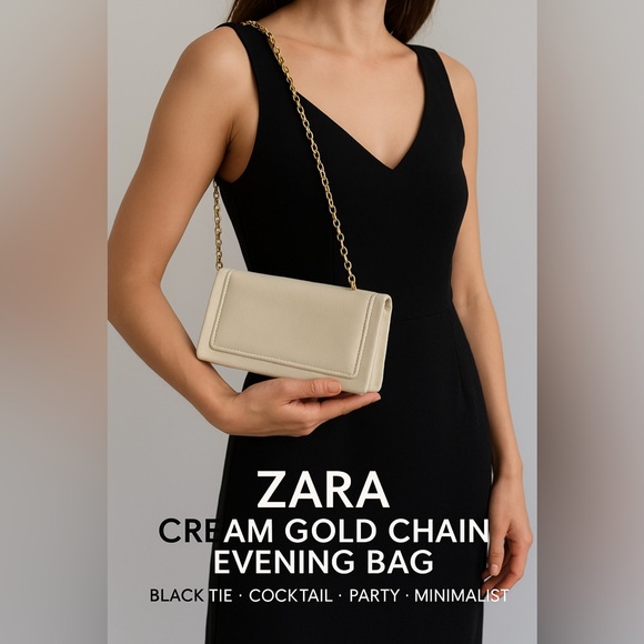 Zara Cream Gold Chain Evening Bag | Minimalist Clutch Crossbody - Picture 1 of 10